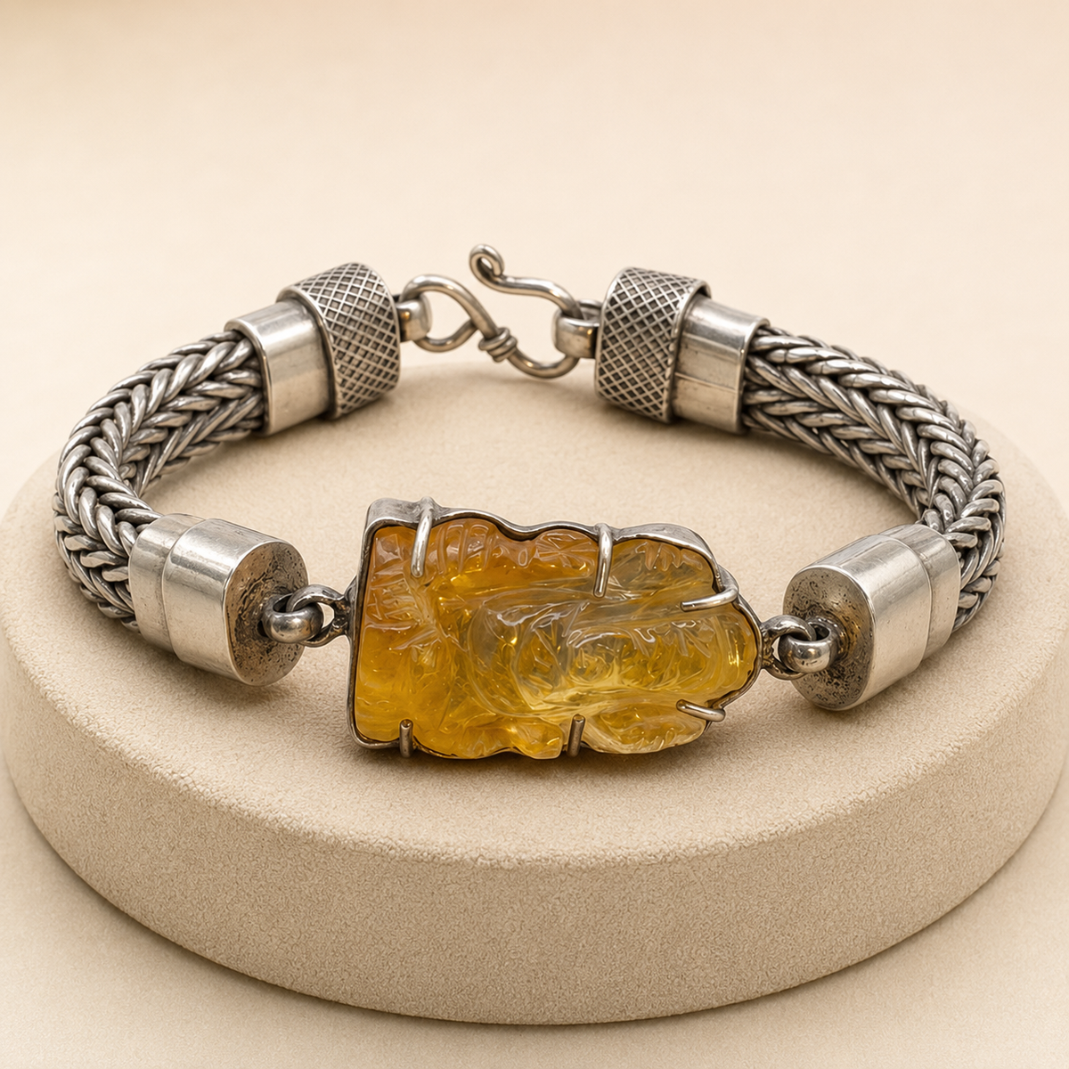 925 silver men’s citrine Ganesha bracelet with chunky silver chain and amber yellow centerpiece