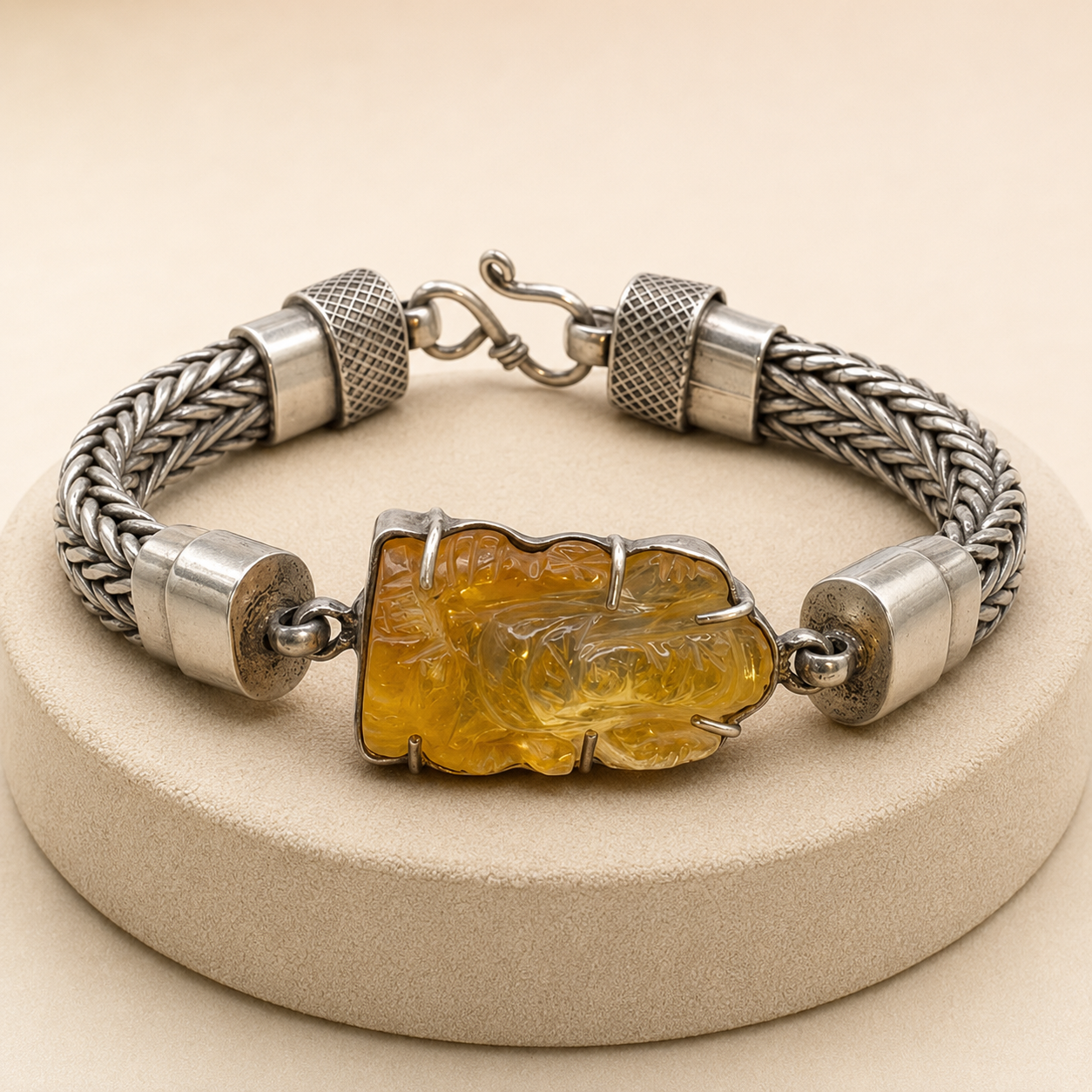 925 silver men’s citrine Ganesha bracelet with chunky silver chain and amber yellow centerpiece