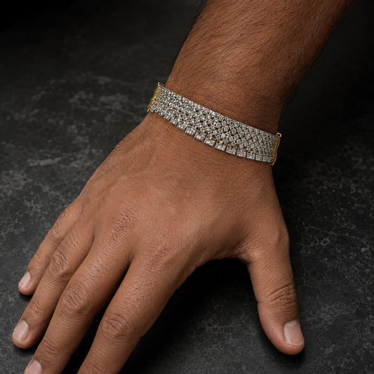 925 silver CVD diamond multi-row bracelet worn on hand with bar clasp