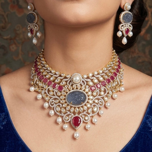 925 silver polki-style diamond, ruby and fluorite choker necklace with pearl drops