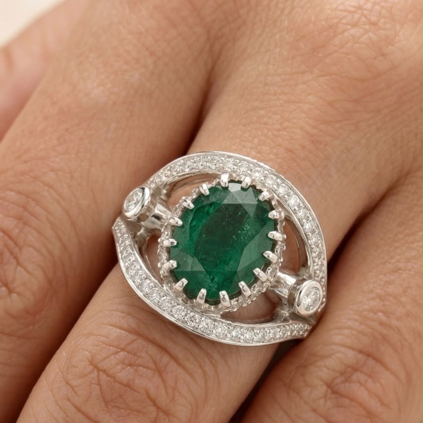 Emerald panna ring in 925 silver with clear cubic zirconia halo on finger close-up