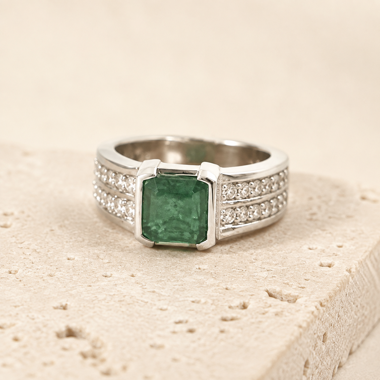 925 silver ring with green emerald-cut panna stone and clear cubic zirconia pavé band