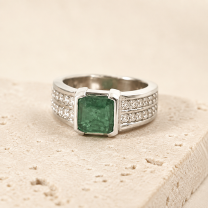 925 silver ring with green emerald-cut panna stone and clear cubic zirconia pavé band