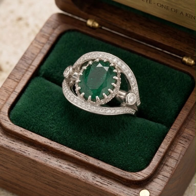 925 silver emerald panna ring with clear cubic zirconia halo displayed on green velvet