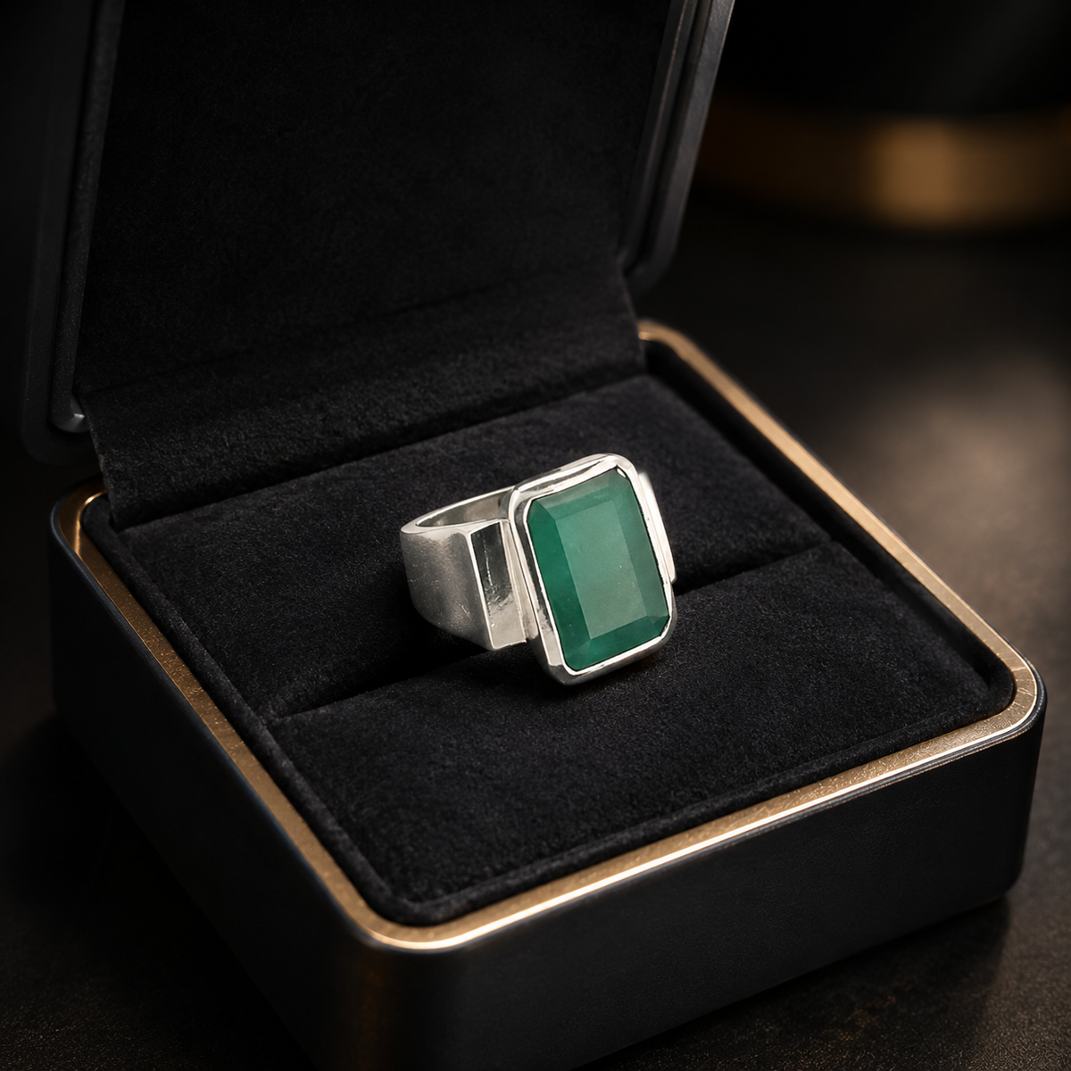925 silver emerald panna ring with green emerald-cut gemstone on black jewelry box