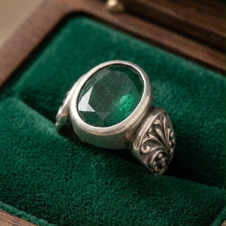 925 silver emerald panna ring resting on green velvet cushion with oval gemstone