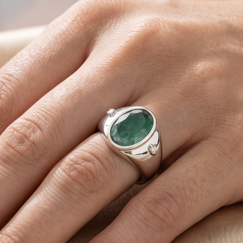 925 silver emerald panna ring on hand with oval green gemstone and side sparkle stones