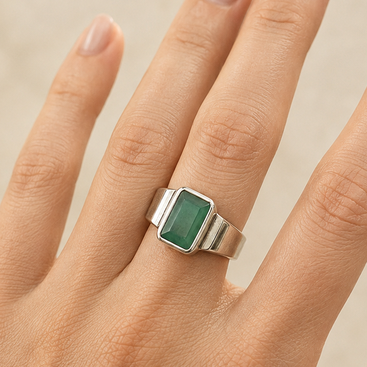 925 silver emerald panna ring on finger with green square emerald-cut gemstone