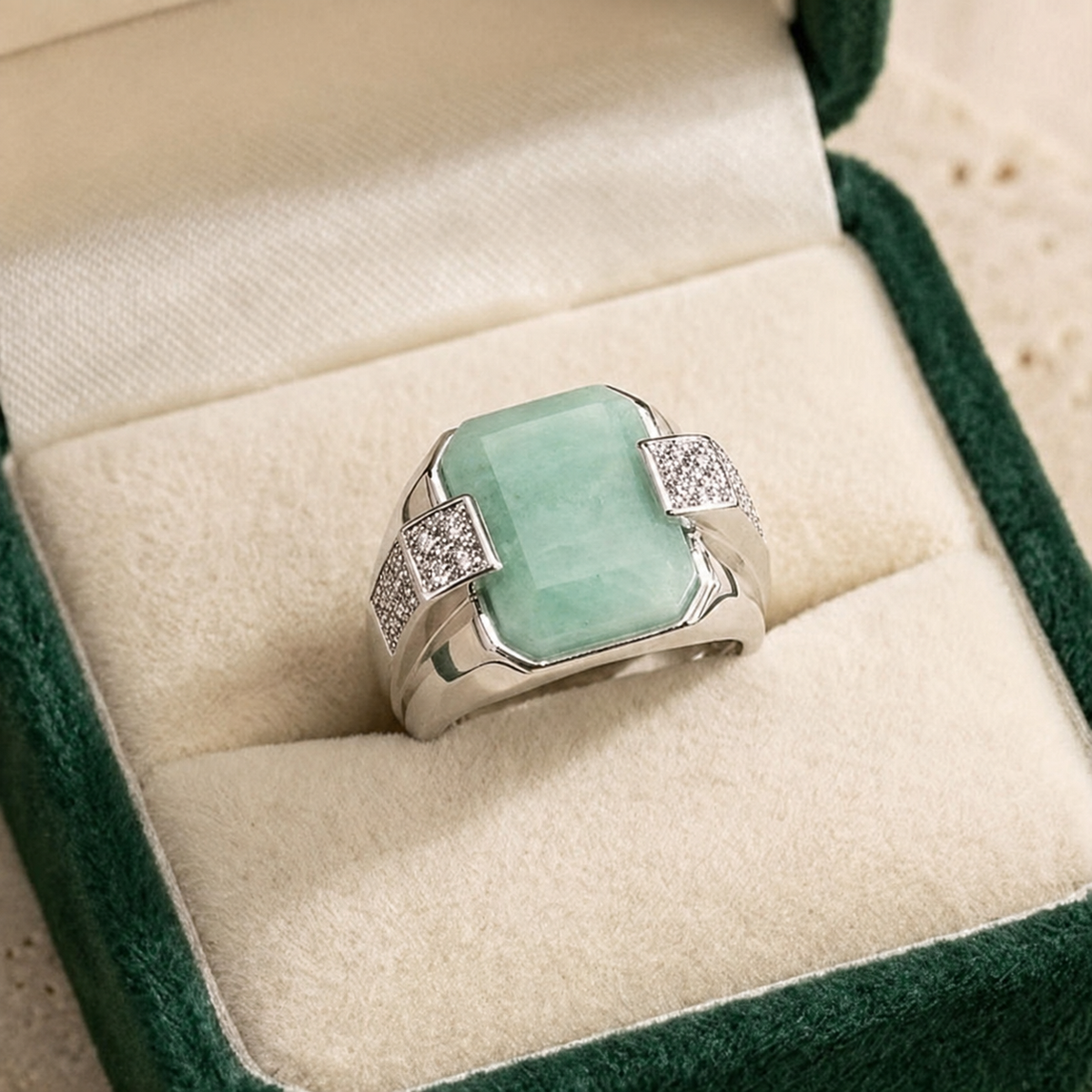 925 silver emerald panna ring with square green gemstone and pavé side details on velvet box
