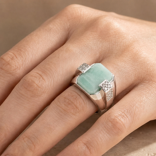 925 silver emerald panna ring worn on hand with green square gemstone and pavé side panels