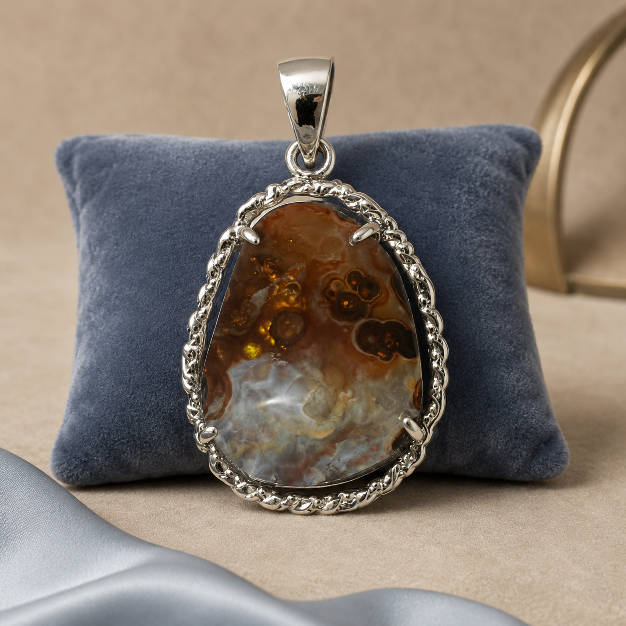 925 silver fire agate oval pendant with ornate bezel chain links on blue velvet