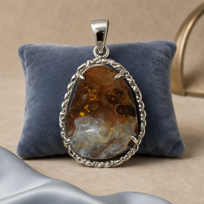 925 silver fire agate oval pendant with ornate bezel chain links on blue velvet