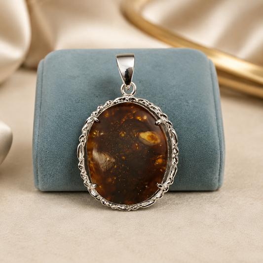 925 silver fire agate oval pendant with textured bezel and bail