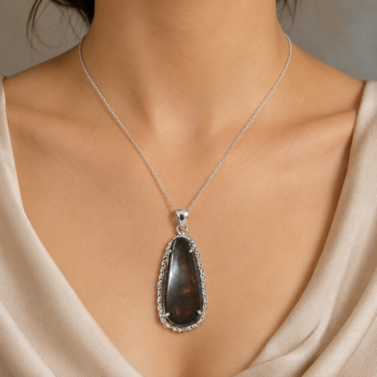 925 silver fire agate pendant necklace on model neckline with teardrop gemstone