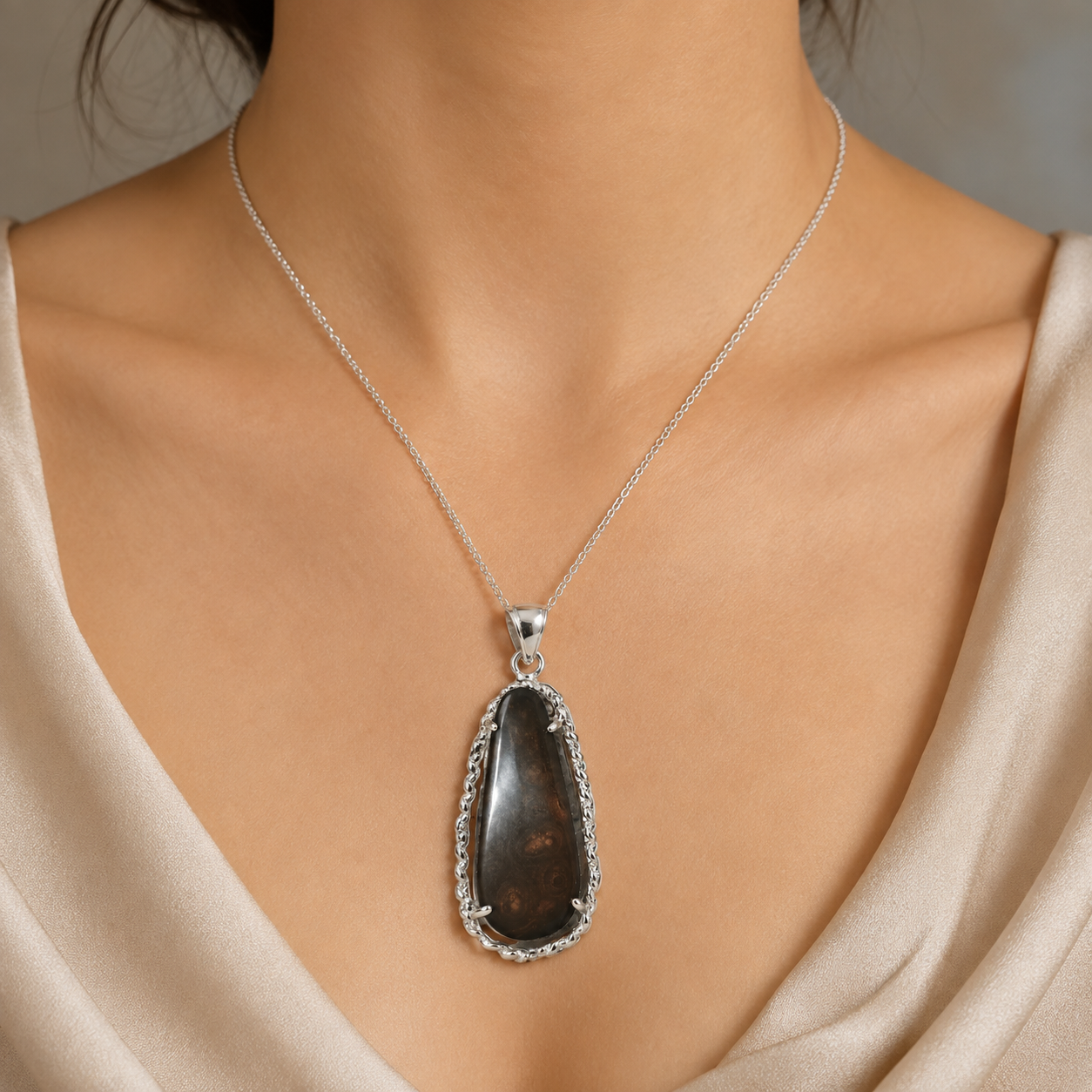 925 silver fire agate pendant necklace on model neckline with teardrop gemstone