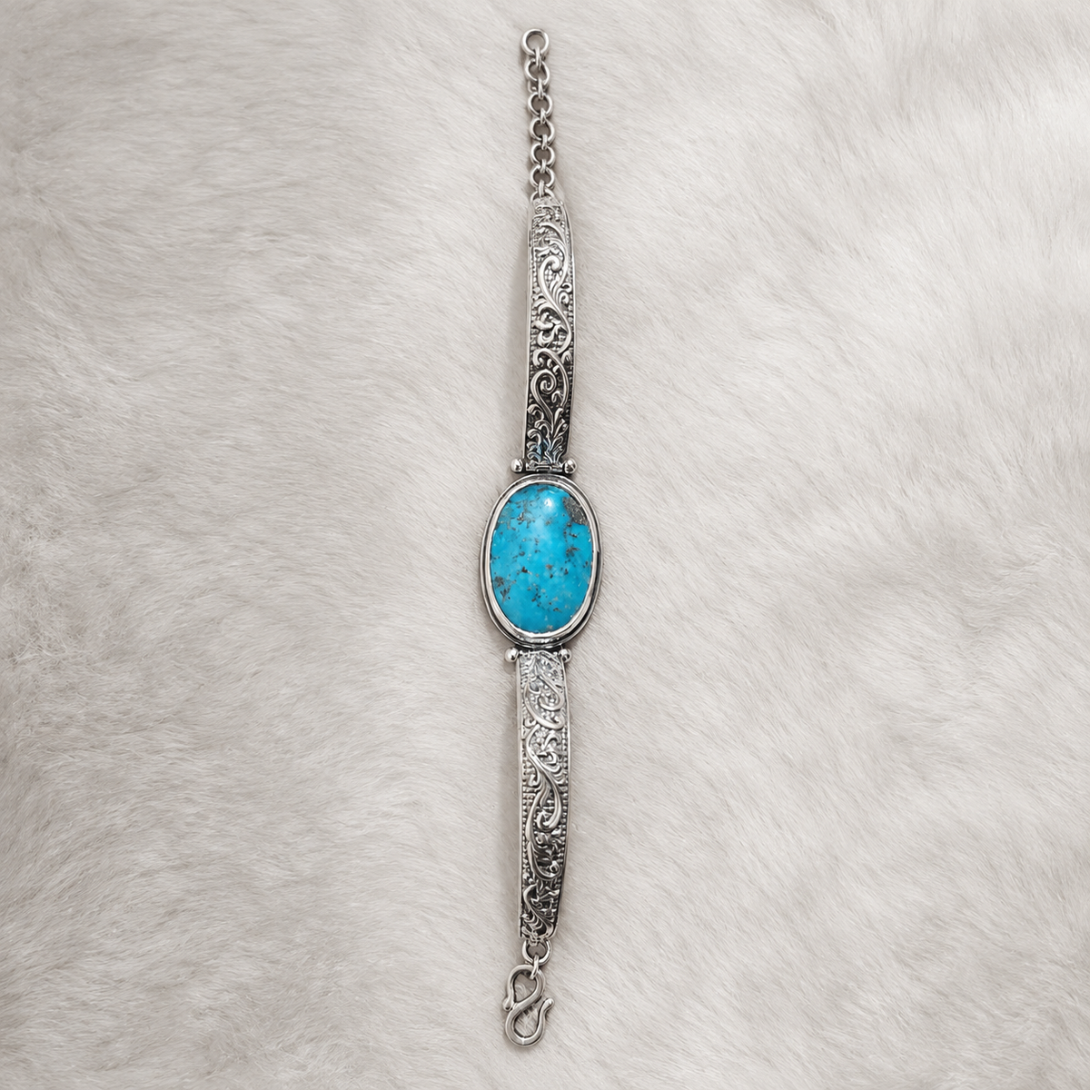 925 silver firoza turquoise oval bracelet with ornate scrolling links and clasp