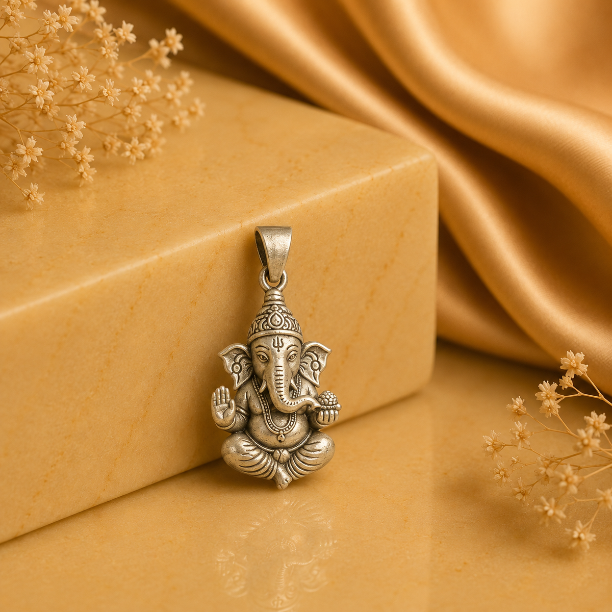 925 silver Lord Ganesha blessing pendant with seated deity detail on a leather cord