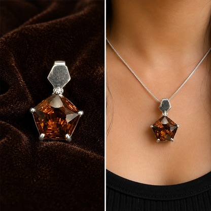 925 silver pentagon-cut glass garnet pendant with chain worn on neckline