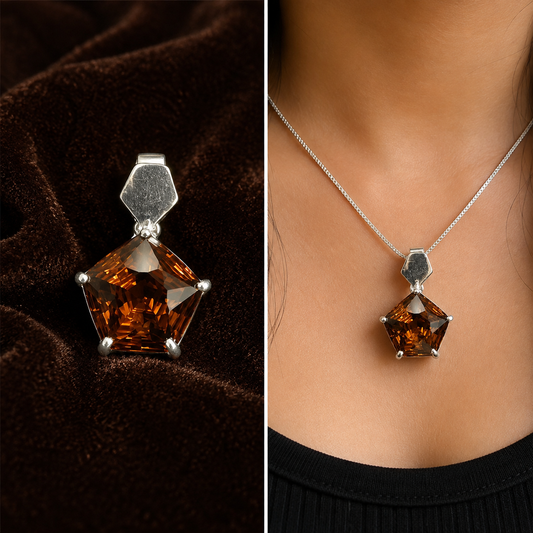 925 silver pentagon-cut glass garnet pendant with chain worn on neckline