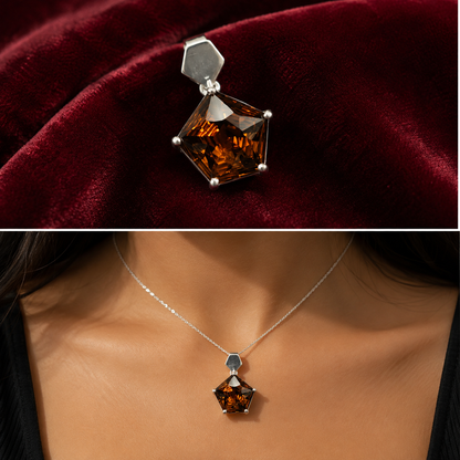 925 silver pentagon-cut glass garnet pendant on red velvet showing side sparkle