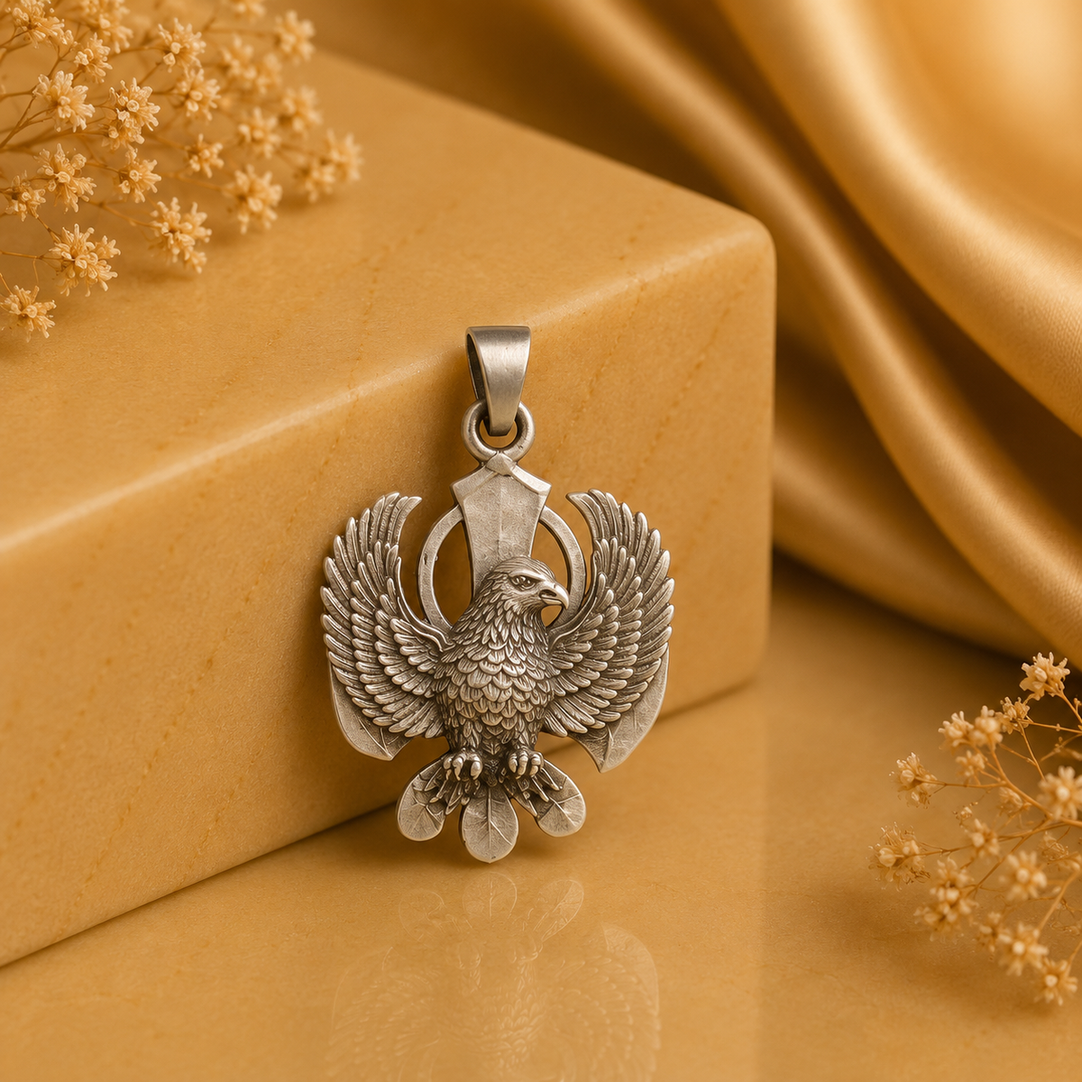 925 silver Garuda dev eagle pendant with wings and beak detail on a gold-toned background