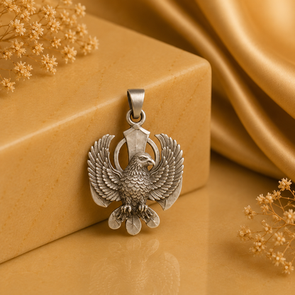 925 silver Garuda dev eagle pendant with wings and beak detail on a gold-toned background