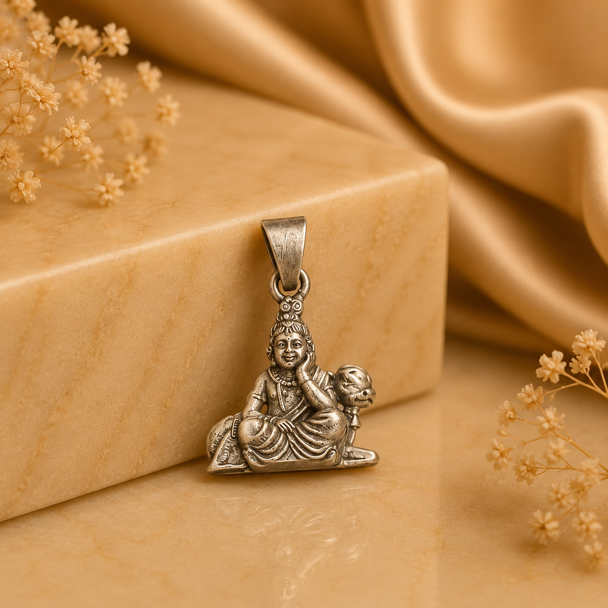 925 silver Gopal Krishna with cow and flute pendant, front view on warm background