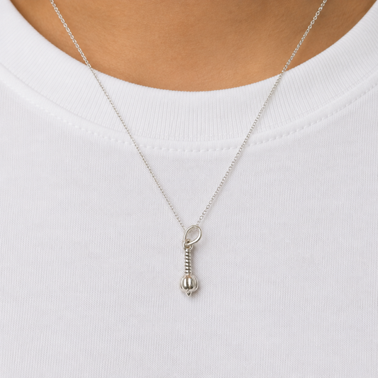 925 silver Hanuman gada locket pendant on a silver chain against white fabric