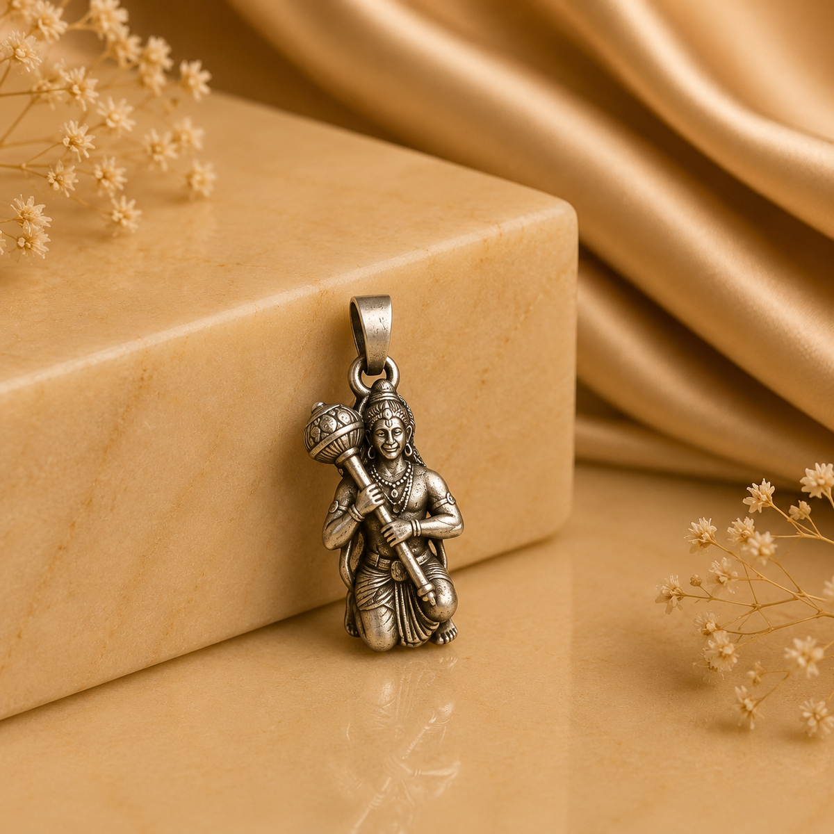 925 silver Lord Hanuman gada pendant with the mace held at the center, shown with bail