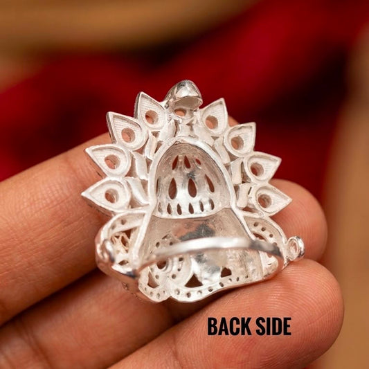 Back side view of 925 silver Janmashtami Mukut for Krishna with red stone accents