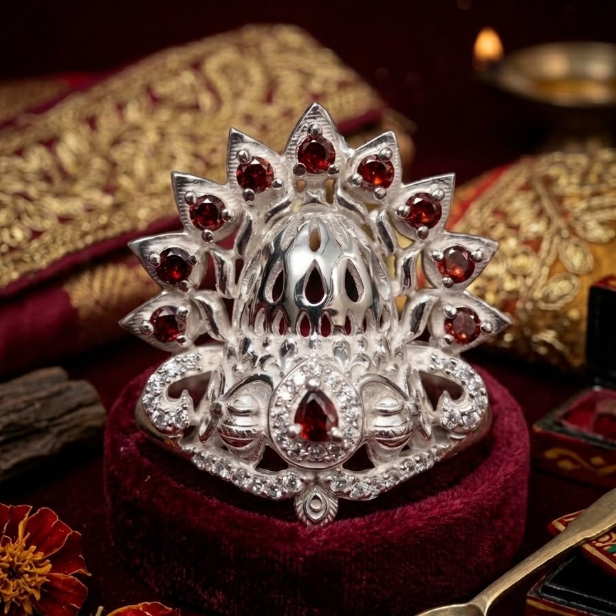 925 silver Janmashtami Mukut for Krishna, ornate crown with red stones on velvet