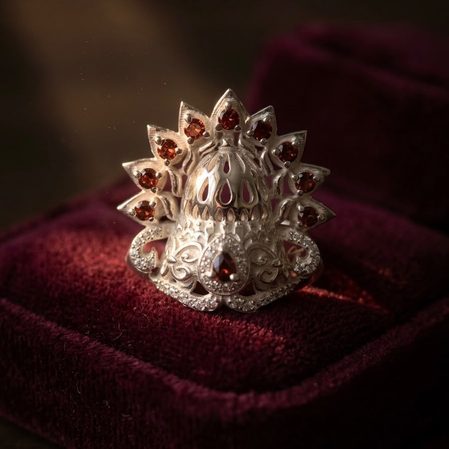 925 silver Janmashtami Mukut for Krishna Ji with red gemstone-like details on maroon velvet