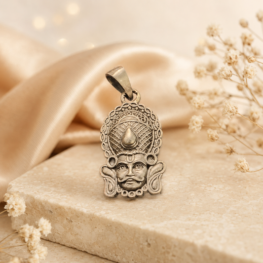 925 silver Khatu Shyam Ji crown face pendant with textured halo centerpiece on stone