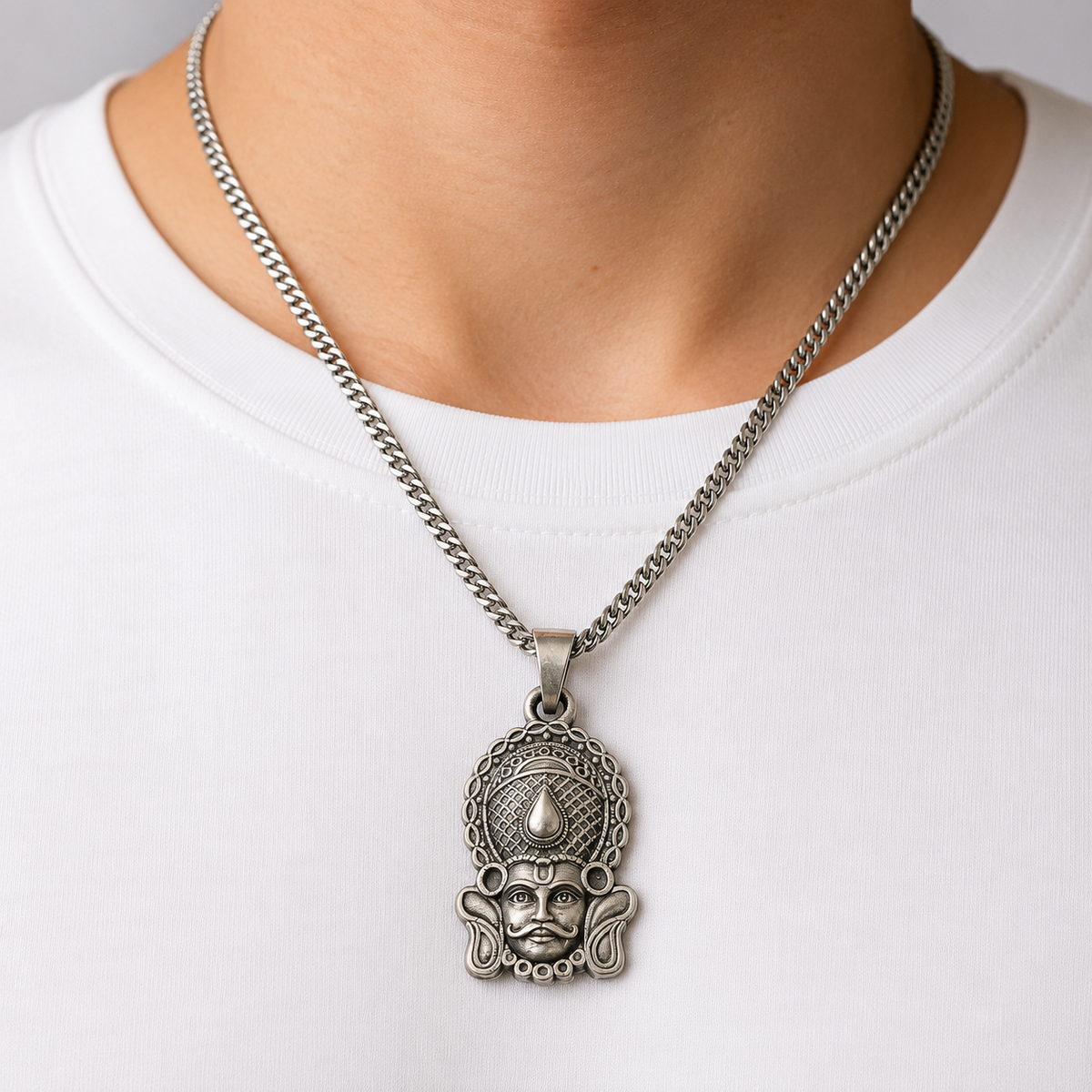 925 silver Khatu Shyam Ji crown face pendant worn on a silver chain