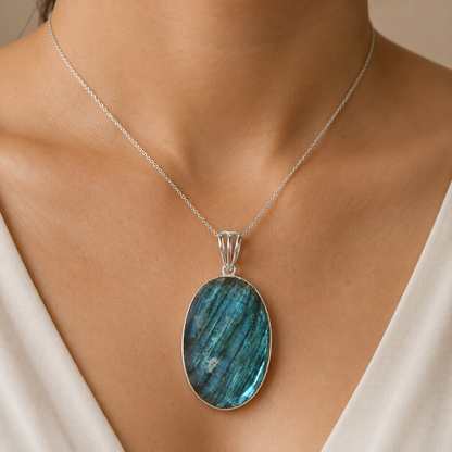 925 silver labradorite locket pendant worn on a silver chain against skin and white fabric