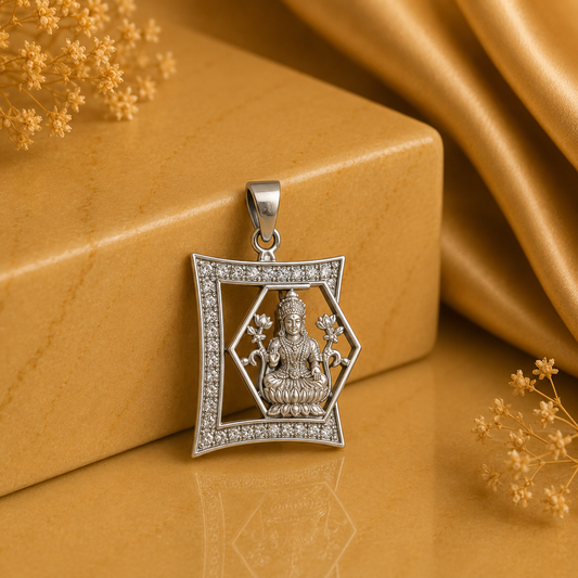 925 silver Maa Lakshmi lotus pendant with clear stone frame on golden background