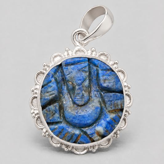 925 silver lapis lazuli Ganesh Ji pendant front view with blue oval gemstone