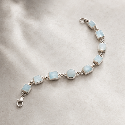 925 silver larimar cabochon bracelet with square blue gemstone links and lobster clasp