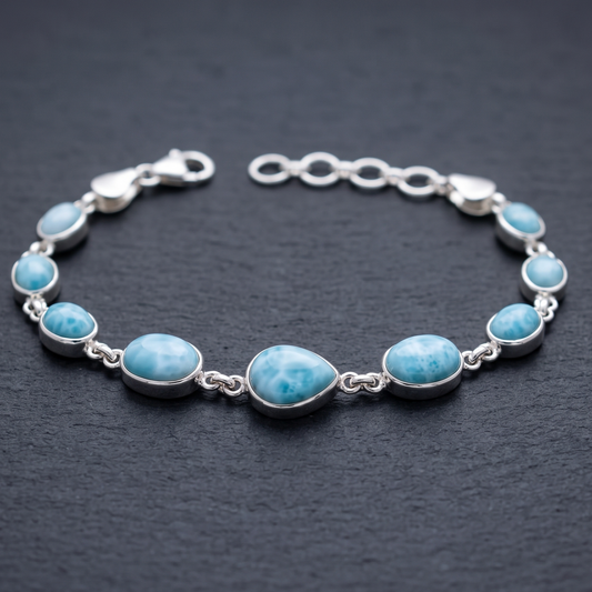 925 silver larimar beaded bracelet with round blue stones and lobster clasp