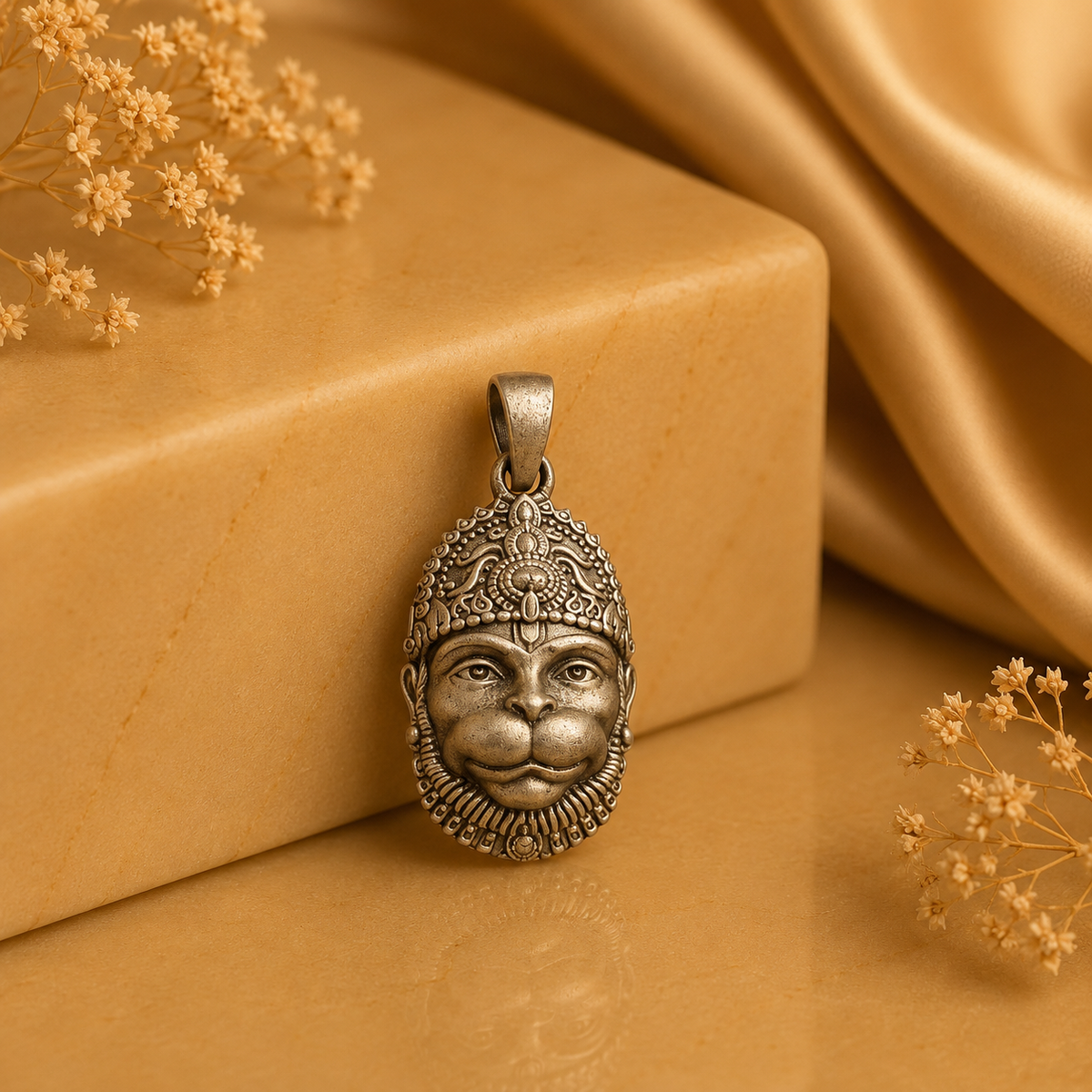 925 silver Lord Hanuman face pendant with loop bail, shown on a warm beige background