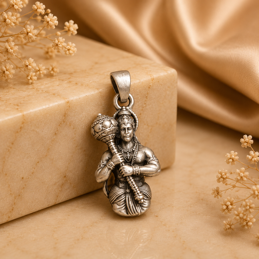 925 silver Lord Hanuman gada pendant with sword-like mace figure on a beaded bail