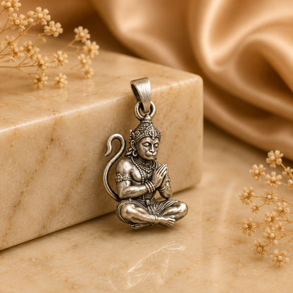 925 silver Lord Hanuman namaste pendant with ring bail, detailed seated figure