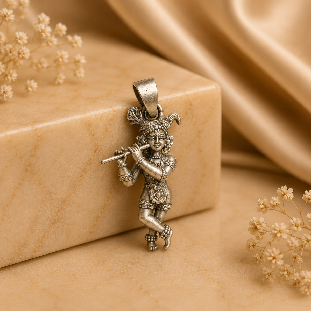 925 silver Lord Krishna flute pendant with bail, shown on a warm stone background