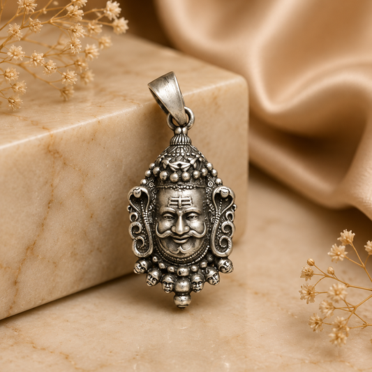 925 silver Lord Kuber face pendant with bail and textured border on stone background