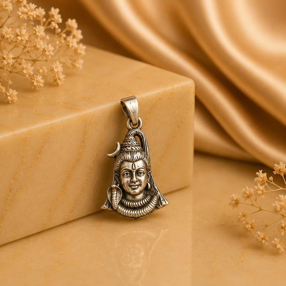 925 silver Lord Shiva face pendant with trishul and crescent moon design on a bail