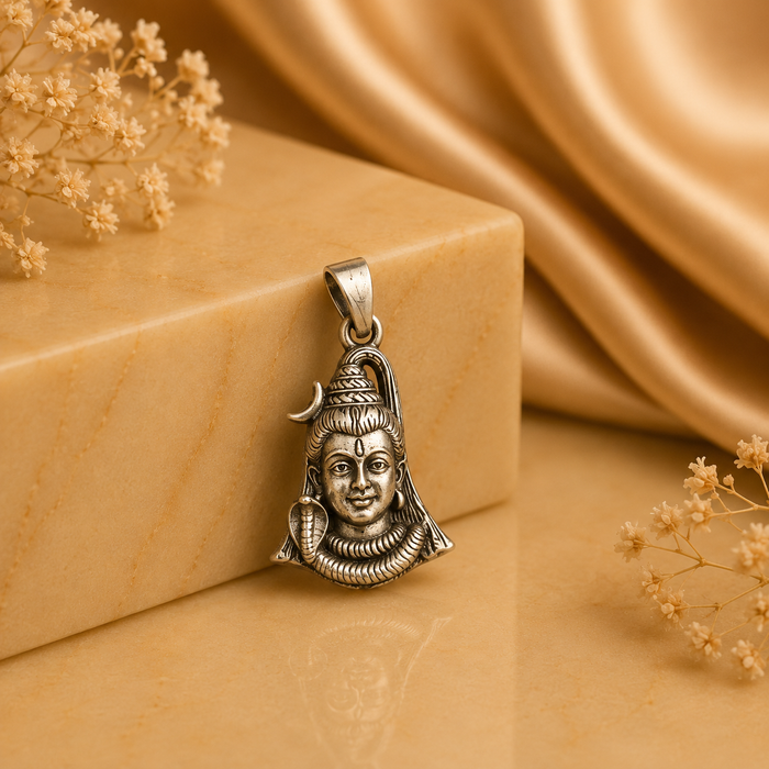 925 silver Lord Shiva face pendant with trishul and crescent moon design on a bail