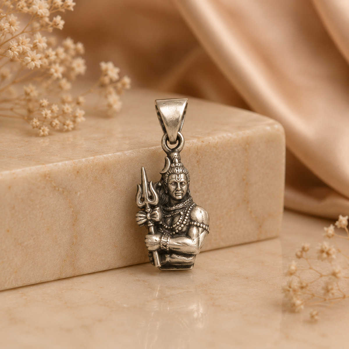 925 silver Lord Shiva pendant with trishul and damru symbol, hanging on a bail