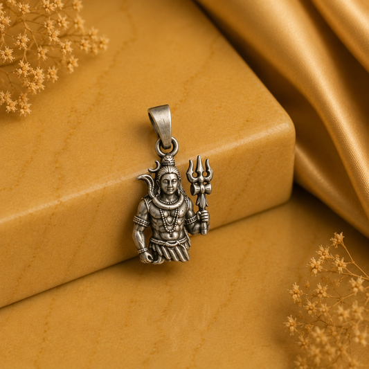 925 silver Lord Shiva trishul pendant on loop bail, shown close-up on golden fabric