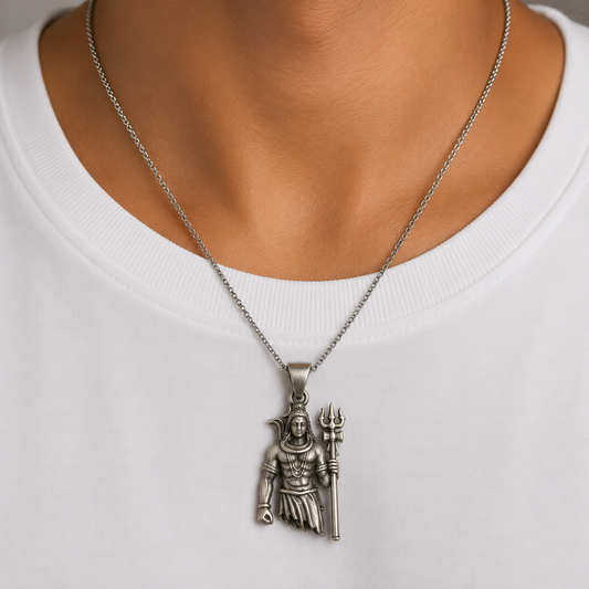 925 silver Lord Shiva trishul pendant necklace worn on white shirt with chain