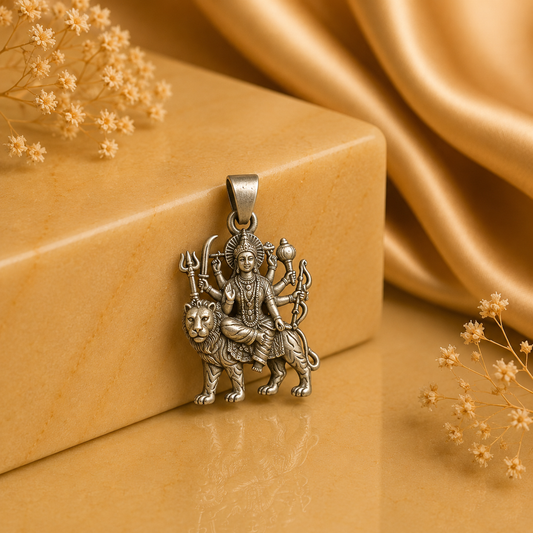 925 silver Maa Durga Sherawali pendant with Durga figure riding lion on gold box